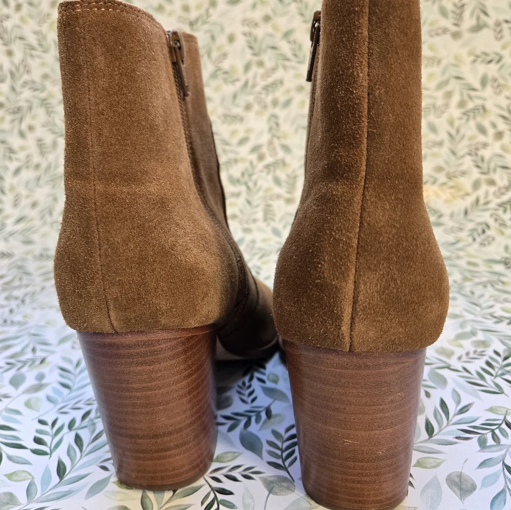 Soludos Emma Chesnut Suede Ankle Booties Tan Leather Block Heel Boots 9 - Picture 9 of 12